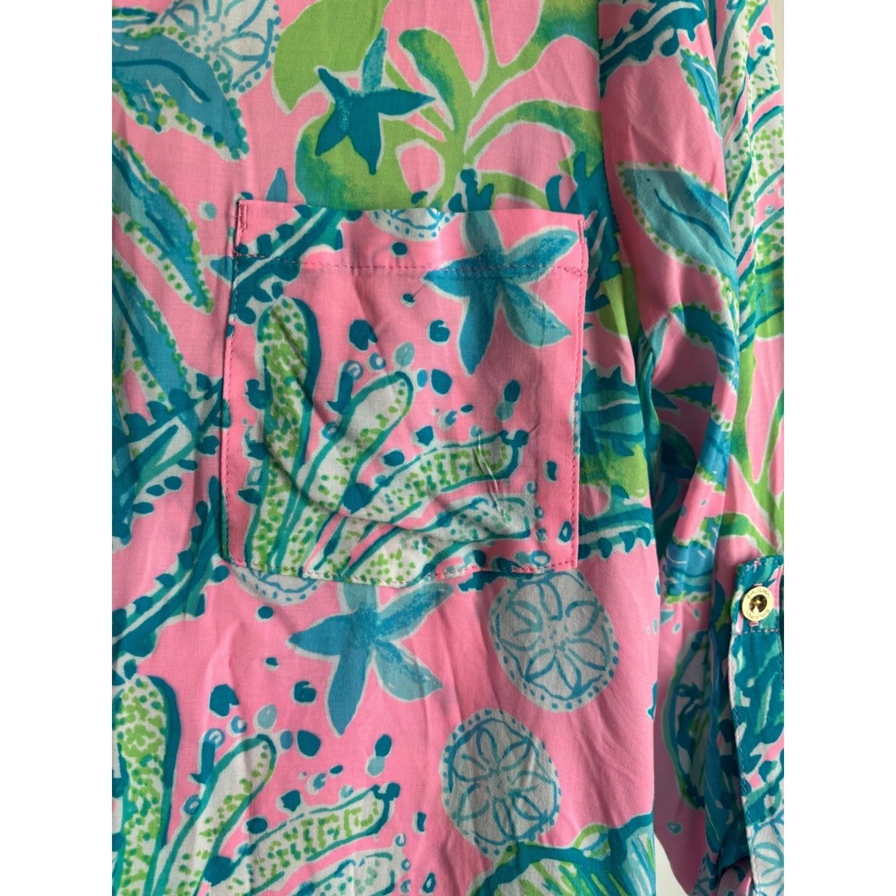 Lilly Pulitzer Natalie Shirtdress Cover Up S Pink Blue Sea Life Button Front - Picture 8 of 9